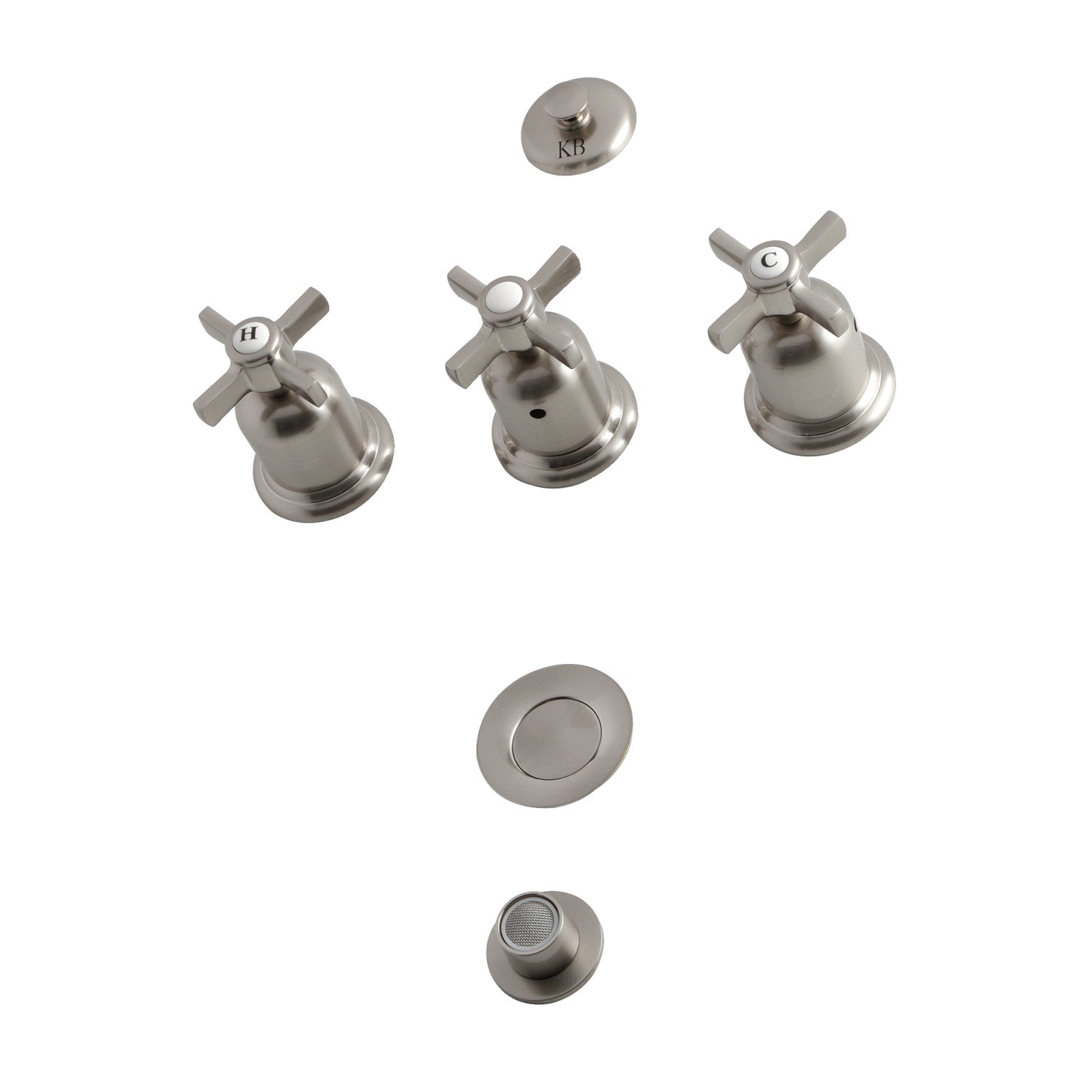 Kingston Tulare KB6328ZX - Millennium Three-Handle Deck Mount Vertical Spray Bidet Faucet with Brass Pop-Up, Brushed Nickel — image 1